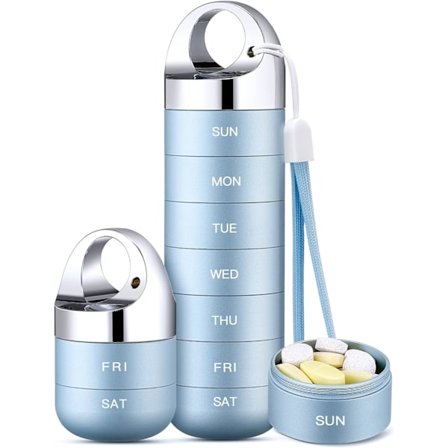 Bærbar Vanntett Ukentlig Pilleorganisator - Stor Pilleboks i Aluminiumlegering for Vitaminer Fiskeoljetilskudd - Lyseblå
