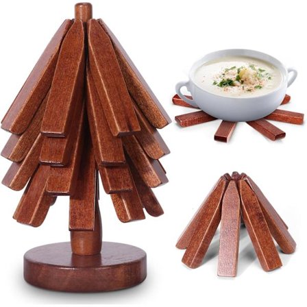 Treformet bordskåner- og brikkesett i tre - 4 bordskånere i tre + 1 stativ for varme retter og panner