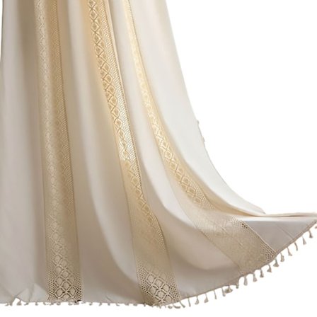 Vintage Broderi Linned Teksturerede Gardiner, Boho Chic Kvaster Tynde Blonde Gardiner med Hæklet Geometri, Let Vedligeholdelse Maskinvaskbar 