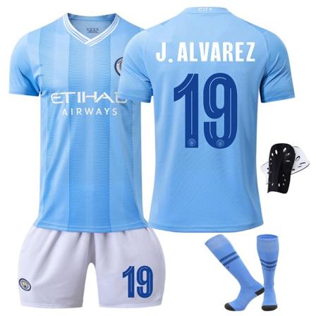 23/24 Mestarien liigan painos Manchester City jalkapallopaitasetti sukkien ja suojavarusteiden kanssa 19 J.ALVAREZ barnstorlekar24
