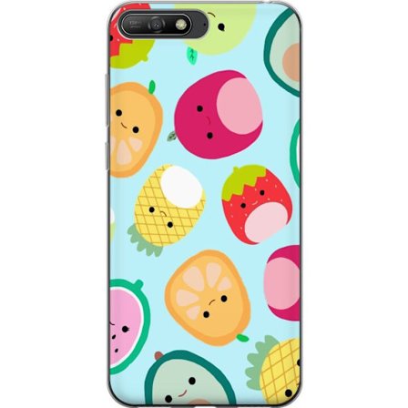 Kompatibel Mobilcover til Huawei Y6 (2018) Mønster af kawaii frugter som jordbær citron ananas og avocado på lyseblå baggrund