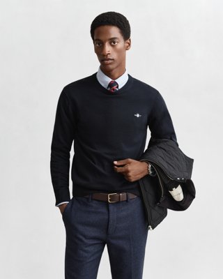 GANT - Klassisk bomullsgenser med rund hals til herre evening blue