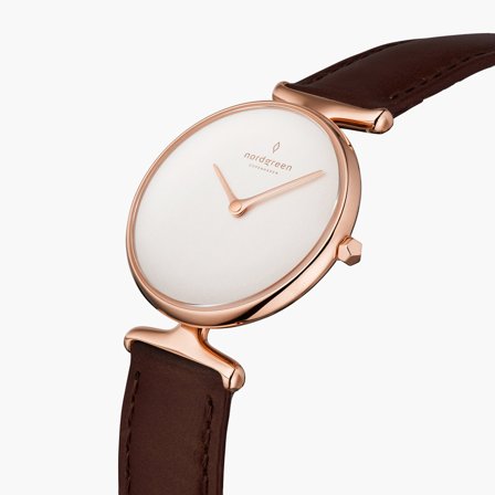Nordgreen Women's Minimal Small Face Dress Watch - Rose Gold Case - White Dial - 28mm Dark Brown Leather Strap White Dial Unika