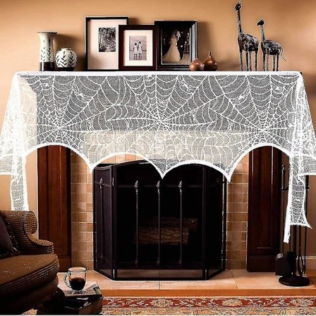 Spismantel dekoration, dekorationer vit spets spindelväv spis täcka festliga festtillbehör, 18 x 98 tum (vit)