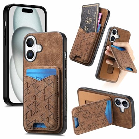 Fodral för iPhone 16 Plus Brun Vikbart Ställ Korthållare Förvaring Enkelt Läder Multifunktionellt Anti f