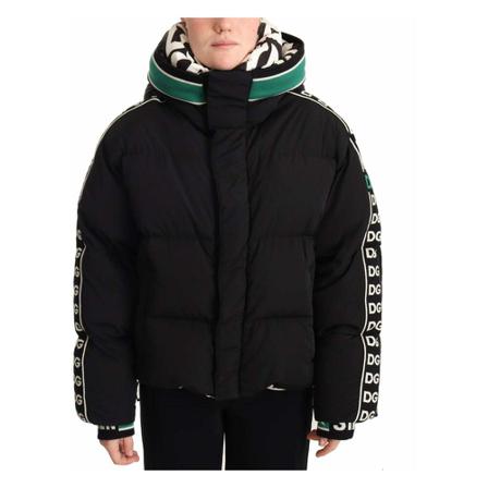 Dolce & Gabbana, Black Green Logo Parka Hooded Winter Jacket Zwart, Heren, Maat:S,polyester,print