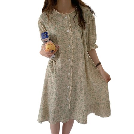 Japansk spetsblommig bomullsgas nattlinne dam sommar kortärmad kofta lös pyjamas hemmakläder