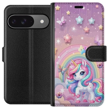 Kompatibel Tegnebogsetui til Google Pixel 9 Pro Magisk enhjørning med regnbue manke, stjerner og sommerfugle mod en pastelfarvet himmel med skyer