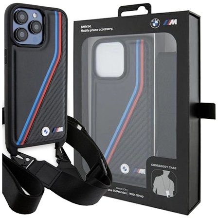 BMW M Edition Carbon Tricolor Lines & Strap Deksel til iPhone 15 Pro Max - Svart