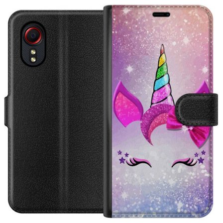 Kompatibelt Plånboksfodral till Samsung Samsung Galaxy Xcover 5 Minimalistiskt enhörningsansikte med regnbågshorn, rosa bakgrund, glitterdetaljer o