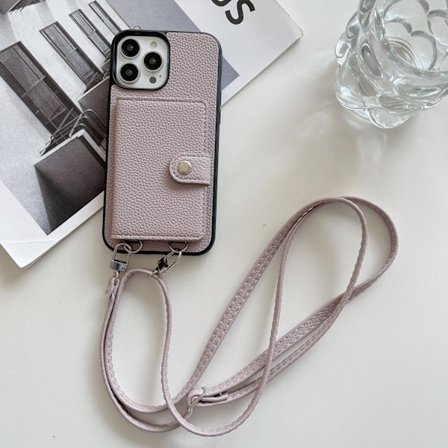 Etui til iPhone 13pro grå snor crossbody solid kortholder sammenleggbar japansk lær
