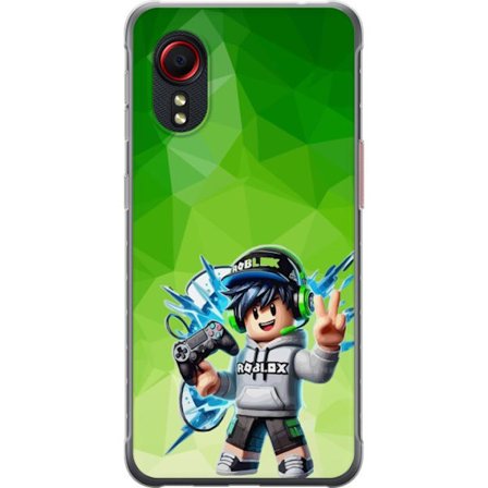 Yhteensopiva Puhelinkuori Samsung Galaxy Xcover 5 Roblox-inspiroitu pelaajahahmo, jossa on kuulokkeet, ohjain ja energiset efektit vihreää taustaa v