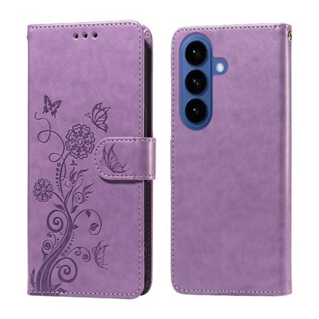 Samsung Galaxy S26 Plus Plånboksfodral Konstläder Fjäril Blommönster - Lila