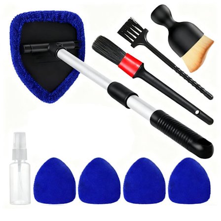 Pentagonalt teleskopisk bilvindusrengjøringssett, inkludert 5 kluttrekk + sprayflaske + 3 børster, vinduspusseverktøy.