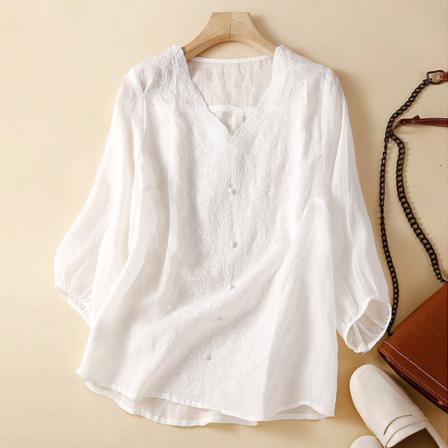 Kvinnor Långärmad Enfärgade Knappar Pullover V-ringad T-shirt