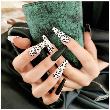 Matt svart leopard tryck på naglar falska naglar, kistnaglar balett