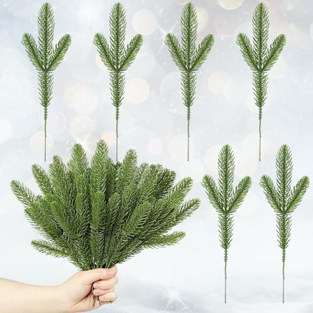 60 stk. kunstige fyrrenålsgrene, falske grønne fyrrekviste, juletræsstængler, kunstige grønne planter til guirlande, krans, jul