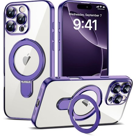 Kompatibelt med iPhone 16promax Skal med Magnetisk Ringstativ [Kompatibelt med Mag-Safe] [Fullständigt Kameralinsskydd] Pläterad Klar