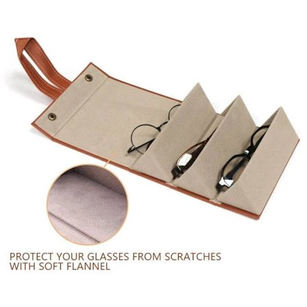 Solbriller opbevaringsboks 3 rum briller opbevaring foldbar bærbar hjem rejse læder etui 1 stk (brun, briller på billedet ikke inkluderet)
