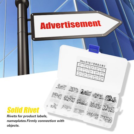 250 stk. M2-M5 Rustfritt Stål Rundt Hode Riflet Skaft Solid Nitter Sortimentsett