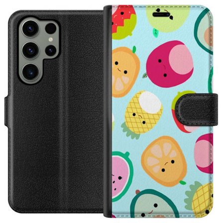 Kompatibel Tegnebogsetui til Samsung Galaxy S23 Ultra Mønster af kawaii frugter som jordbær citron ananas og avocado på lyseblå baggrund