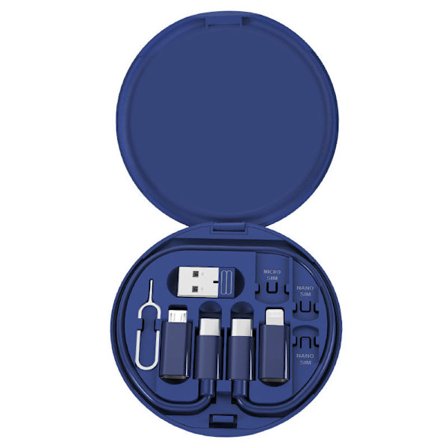 USB-adapterkit (blå) Kabelkort, Multi-typ laddningskabelboxkonverter USB C till Lightning Typ C Mikroadapter Dataöverföring Innehåller Po-kortplats