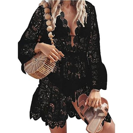 Dam Spets Blommig Bikini Överdrag V-ringad Utskuren Baddräkt Tunika Strandklänning Sommar Strandkläder