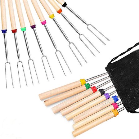 Grillgafler Sett med 8 Marshmallow Grillpinner Uttrekkbare Rustfritt Stål 81 cm U-formet Pølsegaffel med Trehåndtak Grillspyd For Ca