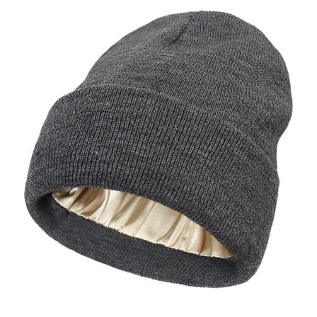 Strikket hue - Vinterhue - Varm hue - Hue med satinfor - Varm vinterhue - Strikket vinterhue med opsmøg - Silkefor - Blød strikket hue