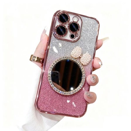 Lämplig för iPhone 16-serien mobiltelefonfodral, med spegel, gradient glitter mobiltelefonfodral (rosa, iPhone 16 plus)