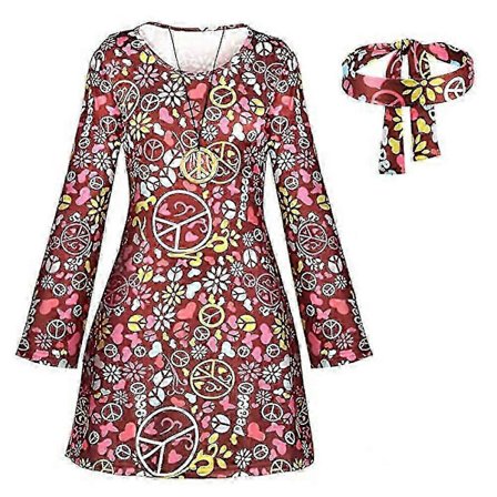 70-talls 80-talls Hippie Disco Party Langermet Kjole + Pannebånd Antrekk Sett-2025-lingling}