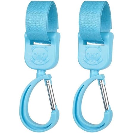 2-pack 360 graders roterande barnvagnskrokar, kraftiga halkfria barnvagnskrokar för att hänga skötväskor, barnvagnsklämmor (blå)