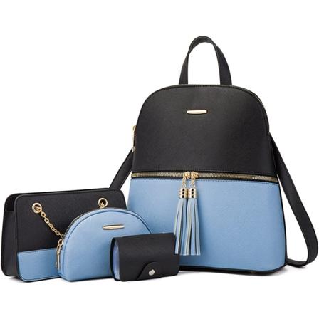 Damehåndveske veske satchel sett med 4 deler - Blå og svart