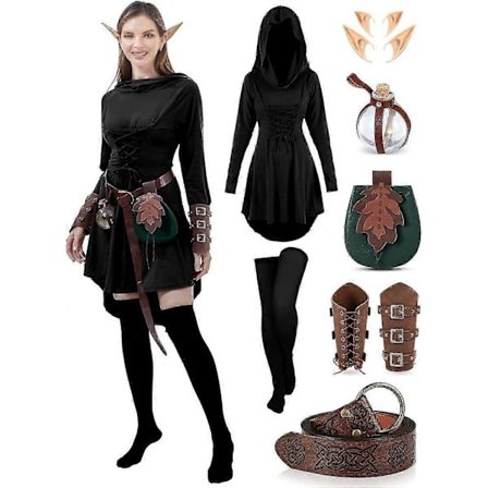 Dame Renæssance Fe Kostume Sæt Middelalder Vintage Hætteklædt Kjole Elverører Tilbehør til Halloween Cosplay-lingling}