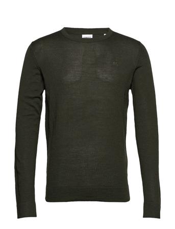 Merino Knit O-Neck Strikkegenser M. Rund Krage Grønn Lindbergh