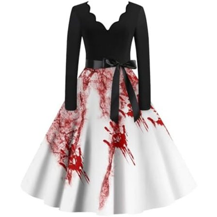 BTBDYDH Halloween Klänning Retro Långärmad V-ringad Klänning Utsvängd Vintage Hepburn Klänningar Pumpa Fladdermus Häxa Tryckt Cosplay Party Kostym 