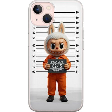 Kompatibelt Mobildeksel til Apple Apple iPhone 13 mini Søt tegnet kaninfigur i fengselsklær med fangenummer mot bakgrunn med lengdemåling