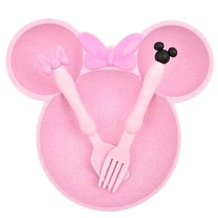 Tegneserie Skål Service Sæt Hvedestrå Tallerkener Middag Fodring Tallerken Sløjfe Mad Tallerken Ske Gaffel Pink