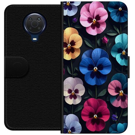 Kompatibelt Lommeboketui til Nokia G20 Dekorativt blomstermønster med fargerike pensélignende blomster og mørk elegant bakgrunn