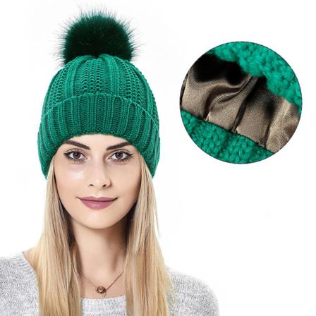 Vinterstrikket lue Dame varm vevd cap med glatt indre beskyttelsesfrisyre W Green