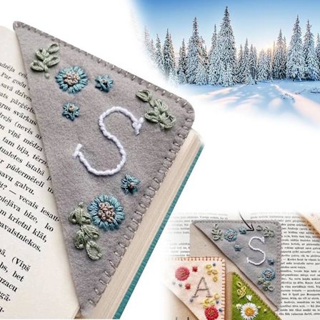 Personlig Handbroderad Hörn Bokmärke, Handstickat Filt Hörn Bokmärke med Bokstav, Filt Triangel Bokmärke, Sött Blomma Bokstav Broderi Bokmärke