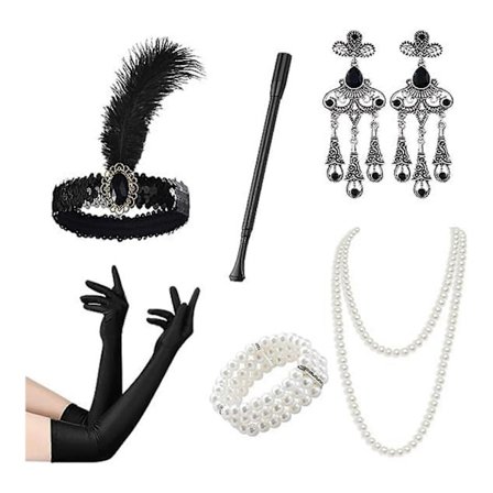 Vintage Flapper -asu 1920-luvun naisille, päähine, satiinikäsineet, korvakorut, kaulakoru, tanssiaistarvikesetti