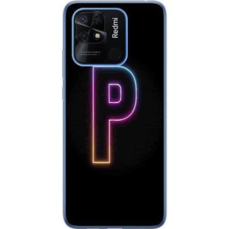 Kompatibel Mobilcover til Xiaomi Xiaomi Redmi 10C Minimalistisk neonbogstav P i farvegradient og lyseffekt mod sort baggrund i digital neonstil