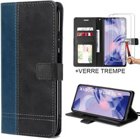 Etui + 2 hærdede briller til Xiaomi Mi 11 Lite - Marineblå-sort lædereffekt flip-etui
