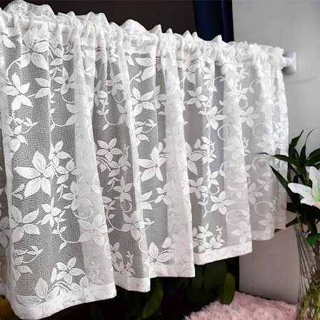 Hvit blonder kort gardin for kjøkkenvindu Jacquard Floral Voil