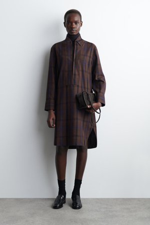 COS Women's Checked Wool Blend Shirt Dress in Brown