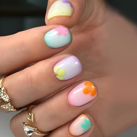 Blompress på Naglar Korta Fyrkantiga Lösnaglar med Färgglada Blomblad Design Söta Falska Naglar Glansig Lim på Naglar Konstgjorda Akrylnaglar Sommar 