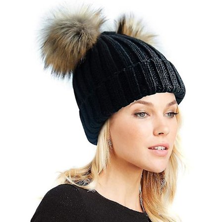 Naisten talvinen tupla pom pom -pipo fleece-vuorattu bobble-hat neulottu tekoturkispom