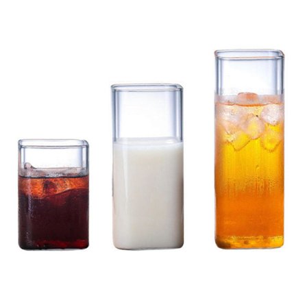 3 neliön muotoisen lasimukin setti - Lämmönkestävät läpinäkyvät mehulasit (250 ml, 400 ml, 500 ml)