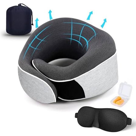 360° Nackresekudde - 100% Memory Foam/Memory Foam Nackkudde - Stödkudde - Flygplan/Bil Kudde + Gratis Kompakt Förvaringsväska - Grå